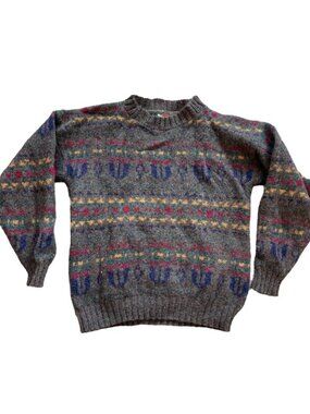 Vintage Alps Wool Sweater Pullover Crew Neck charcoal Grey Striped Size Medium